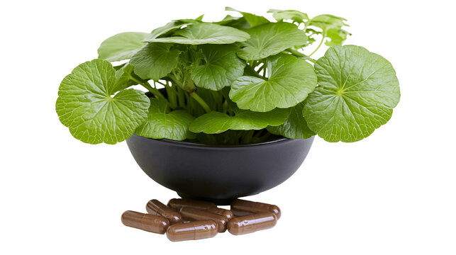 Isolated Gotu Kola plant in black bowl with natural brown herbal health supplement capsules