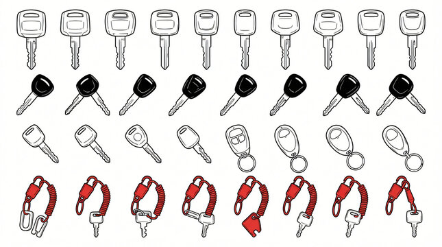 Vehicle Key Type Line Art Doodle Graphic Pack Truck Key Motorcycle Ignition Scooter Fob Boat Safety Lanyard Key Contour Hand Drawn Line Isolated White Background Completely Textless Words Stock