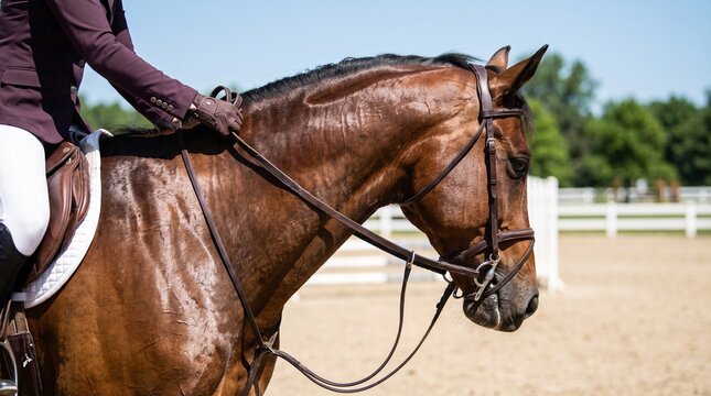 equestrian sport and horseback riding training. rider in formal show jacket holding leather reins on brown thoroughbred horse. equestrian arena background.

