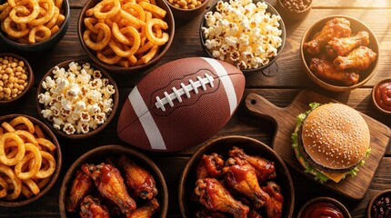 Obraz premium American football and game day snacks including burgers fries chicken wings and popcorn are arranged on wooden table. Football party food spread is ready for fans to enjoy.