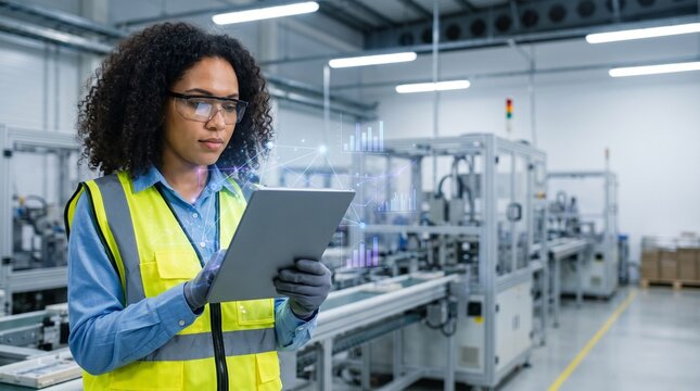 Female Industrial Engineer Using Tablet with Augmented Reality Data in Smart Factory