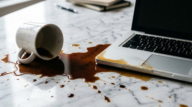 Spilled coffee on white marble desk next to silver laptop, white ceramic cup tipped over with dark liquid spreading across stone surface, accident, mess, stained workplace