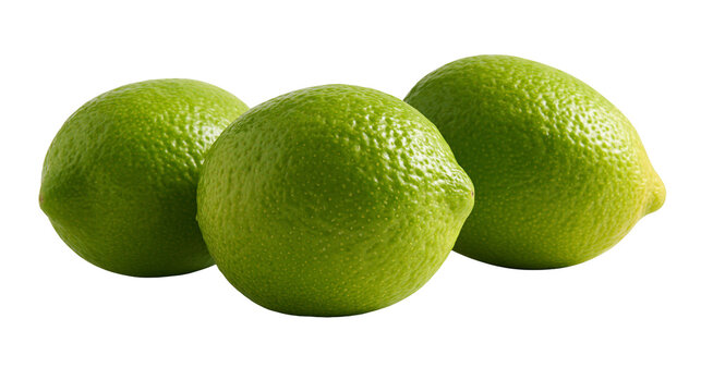 Isolated three fresh whole green limes, ripe and juicy citrus fruits, close up, healthy food ingredient