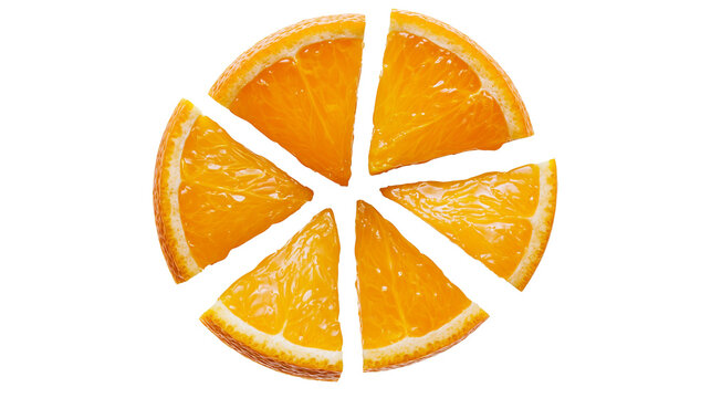 Isolated ripe orange cut into wedges, fresh citrus fruit pieces, vibrant and juicy