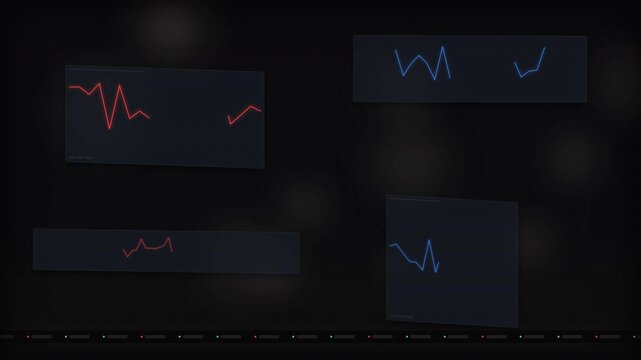 Modern financial interface with floating red and blue line charts on dark background, concept for stock market data and finance timeline analysis, ideal for economic presentation, trading app design.
