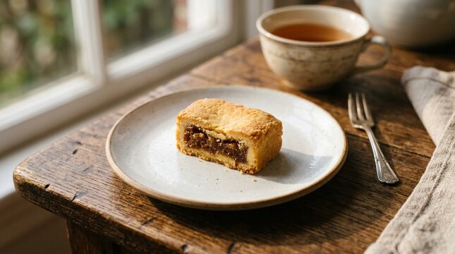 Golden-brown Taiwanese pineapple cake pastry on rustic white ceramic plate, soft afternoon sunlight, fork, tea cup, linen napkin, wooden table