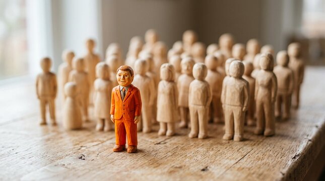 Painted orange suited wooden figurine leading crowd of unpainted carved wooden dolls on rustic tabletop leadership concept miniature