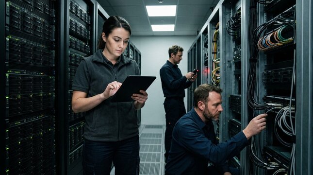 Three IT technicians working in dim server room, woman tapping black tablet while colleagues inspect tangled cables and networking equipment racks during maintenance shift