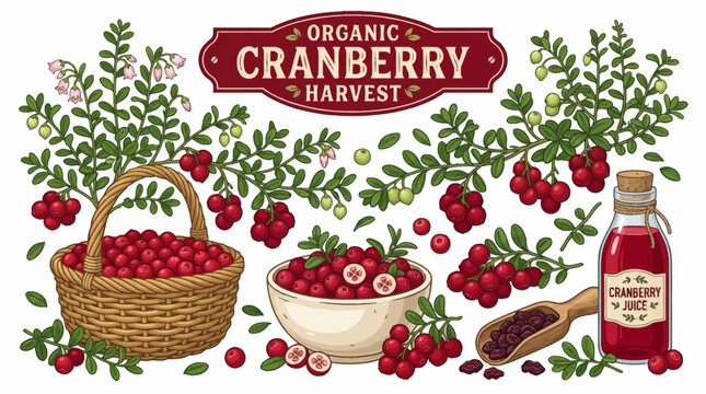 Very beautiful realistic vector illustration of an ORGANIC CRANBERRY HARVEST COLLECTION featuring cranberry plants, small leaves, delicate flowers, pale berries, ripe red cranberries, berry clusters, 