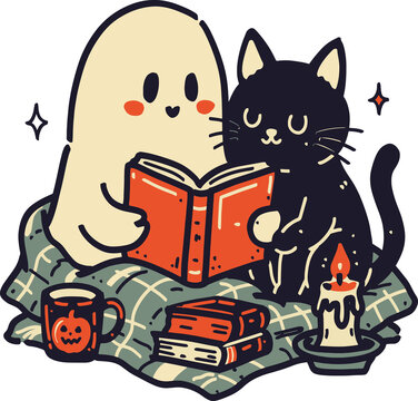Cute Spooky Halloween Ghost and Black Cat Reading Book Together Illustration