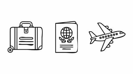 Travel icons featuring a suitcase, passport and airplane, perfect for illustrating travel, tourism, and transportation themes © Puji