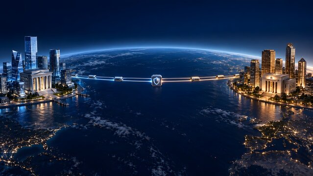 Secure Global Data Transfer and International Banking Concept with Cityscapes and Shield Connection