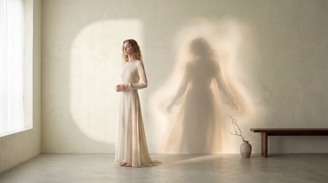 Ethereal woman in white dress with glowing mystical shadow on wall