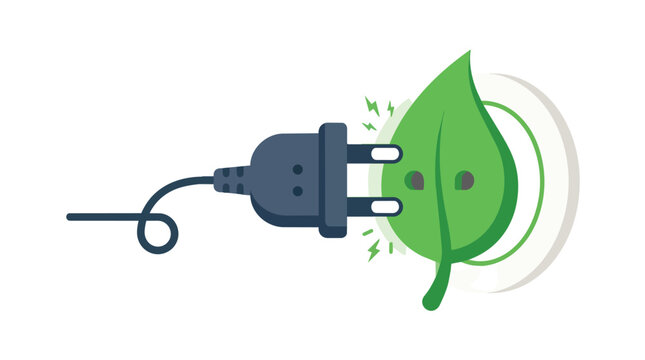 Green energy power plug connecting to a leaf socket in a modern flat vector illustration for sustainable technology and environmental branding