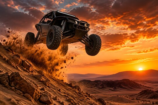 Dune Buggy Launching from Steep Desert Ridge with Exploding Sand and Dramatic Sunset Adventure Background