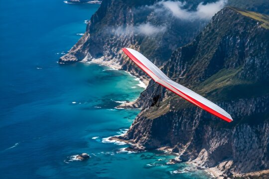 Hang Glider Soaring above Coastal Cliffs and Turquoise Ocean in Powerful Wind Adventure Landscape Scene
