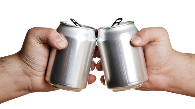 Isolated image of two hands clinking refreshing silver aluminum beverage cans in a cheerful toast