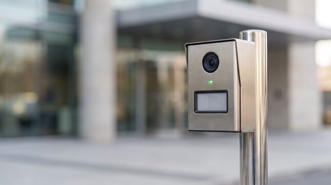 Security camera on pole near building entrance
