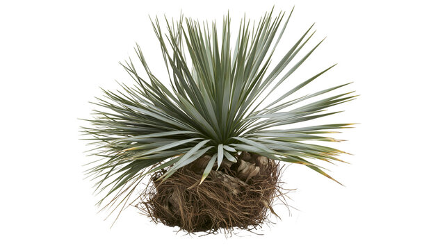 Isolated Yucca plant with spiky blue-green leaves and fibrous base, ornamental desert flora