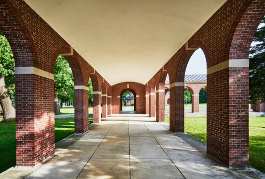 covered walkways of the historic Hall of Springs building (built 1933) within Saratoga Spa State Park, Saratoga Springs, New York