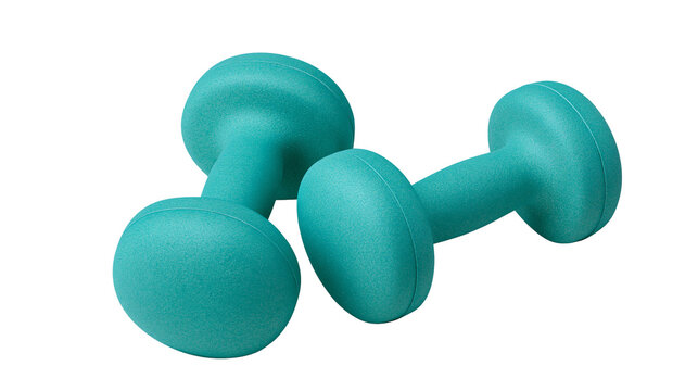 Isolated vibrant teal dumbbells for effective home gym strength and fitness training