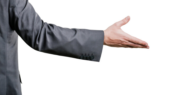 Isolated business professional's arm in grey suit reaching out for a welcome gesture.