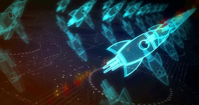 Startup business rocket launch symbol abstract cyber concept. Digital technology and computer background seamless and looped 3d animation.