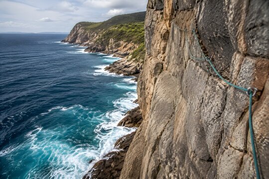 Rock Climbing Route Up Sheer Sea Cliff Above Crashing Waves with Fixed Rope Adventure Challenge