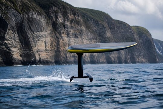 Hydrofoil Board Lifting Above Ocean Water with Clean Wake Beneath Dramatic Coastal Cliffs Adventure Scene