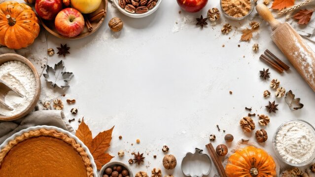 Autumn baking background with pumpkin pie and ingredients