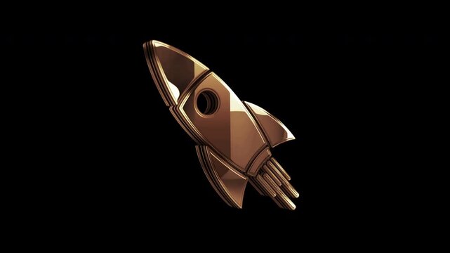 Startup business rocket launch golden metal shine rotating symbol concept. Glowing and reflection light icon abstract. Seamless looped rotate 3d animation.