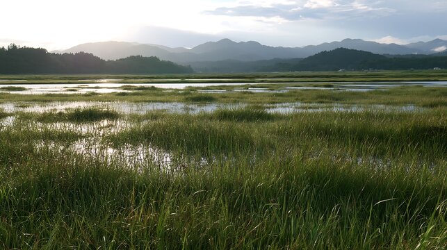 Niigata floodplain restoration meadow with dew in morning light