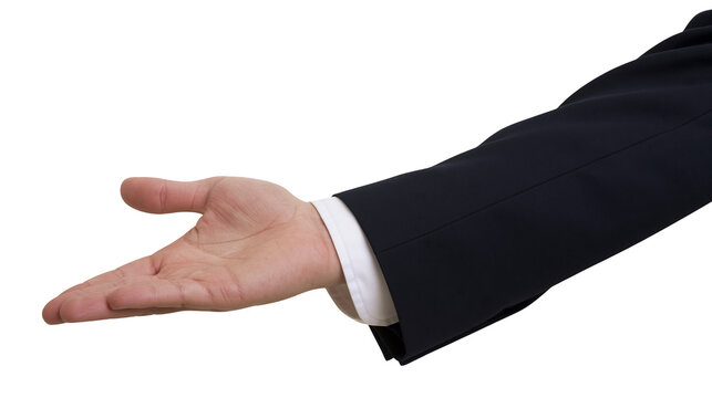 Isolated professional's arm and open hand in a welcoming or offering gesture, palm up