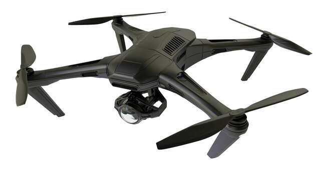 Isolated high-tech dark green quadcopter drone with an integrated camera and powerful propellers