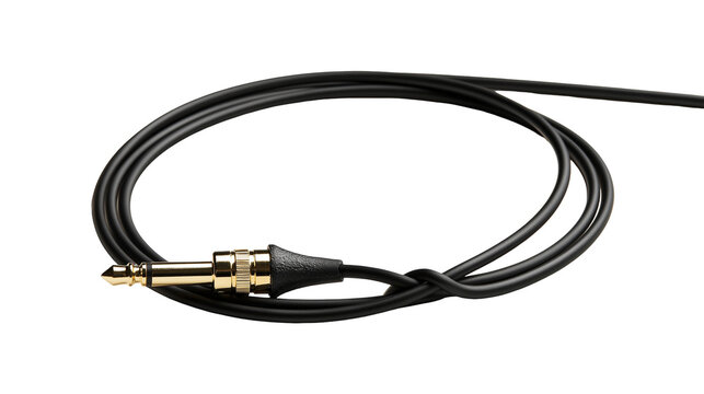 Isolated black audio cable with gold-plated 1/4 inch jack connector, coiled for sound and music.