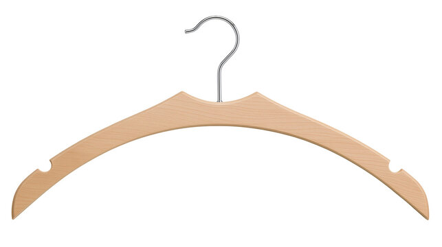 Isolated elegant light brown wooden clothing hanger with curved design and metal hook