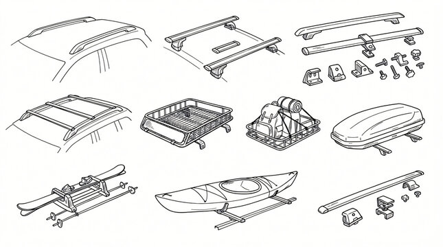 Car Roof Rack Rails Crossbars Line Art Doodle Illustration Bundle Hand Drawn Longitudinal Rail Mounting Feet Metal Cargo Basket Contour White Background Completely Textless Zero Lettering