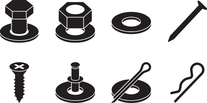 Industrial fastener vector icon set featuring bolts nuts screws washers nails and cotter pins for engineering and construction.