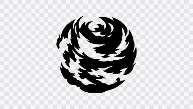Bold black and white manga energy sphere with layered swirling shapes, sharp flame-like edges and a powerful circular motion, creating a dramatic anime action effect for comic illustrations.