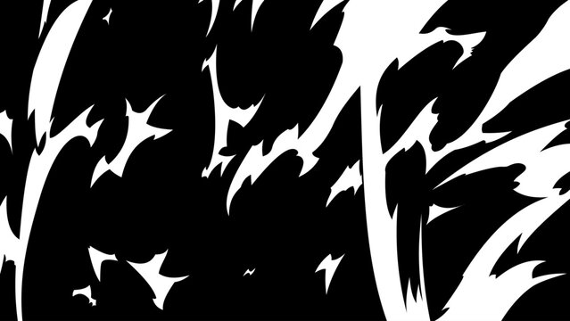 Dynamic black and white manga brush stroke background with bold irregular shapes, sharp edges, sweeping curves, and energetic ink textures. Dramatic monochrome composition suitable for comics.
