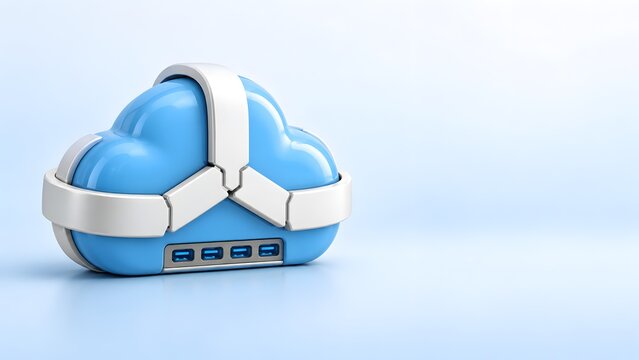 3D conceptual blue cloud computing hub with multiple data ports and white secure bands representing network connectivity and digital data storage.