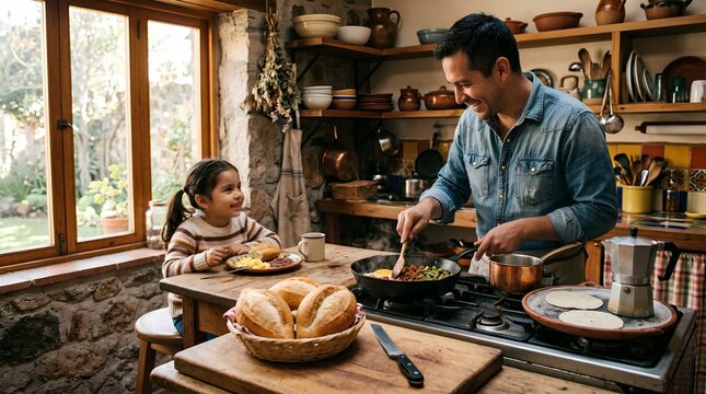 Father and daughter share a cozy breakfast moment in rustic kitchen, with crusty bolillo bread, eggs, and sizzling skillet meal