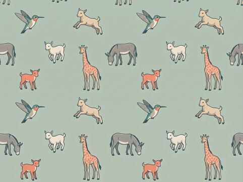 Vintage animal pattern, seamless nursery wallpaper, cute giraffe and donkey print