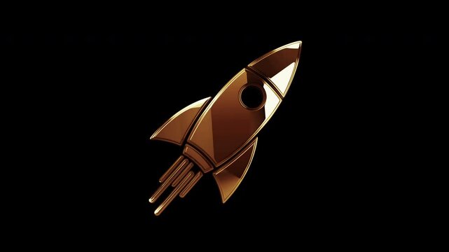 Startup business rocket launch golden metal shine symbol concept. Spectacular glowing and reflection light icon abstract 3d animation. Isolated object.