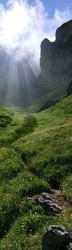 Sunrays shine on meadow in Picos de Europa mountains