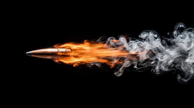 High-speed bullet in flight with fiery orange flames and trailing white smoke against a black background, dramatic motion capture of ammunition projectile