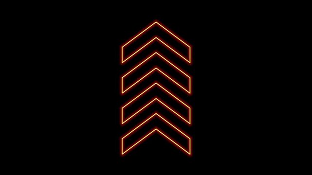 Glowing orange neon chevron arrows pointing upward motion graphic on black background