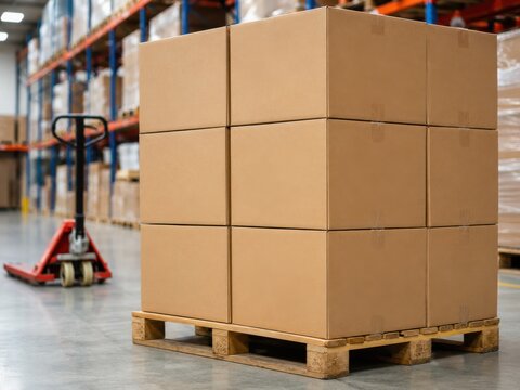 A stack of plain brown cardboard boxes on a wooden shipping pallet with a hand pallet truck nearby.