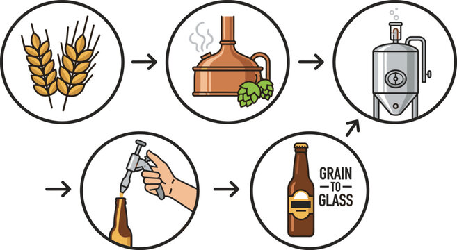 Vector illustration showing the beer making process from grain to bottle, flat design icons