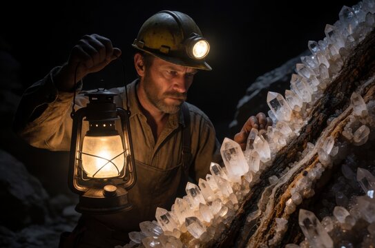 A focused miner with a headlamp and lantern examines a brilliant cluster of quartz in a dark cave.
